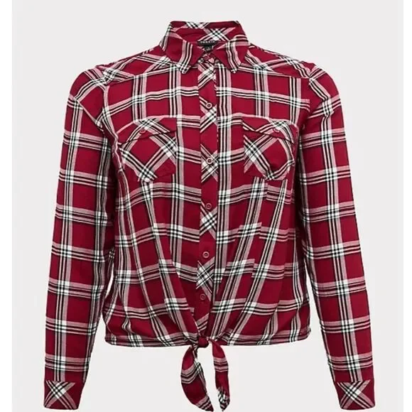  Torrid Plus Size New Burgundy Plaid Twill Tie Front Midi Shirt. - Picture 2 of 10